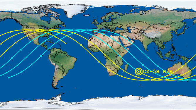 Aerospace Corporation's reentry prediction model shows possible reentry locations of the Chinese Long March 5B booster lie anywhere along the blue and yellow ground track. Areas not under the line are not exposed to the debris. 