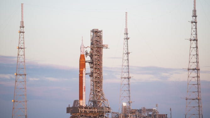 NASA’s Space Launch System (SLS) rocket with the Orion spacecraft aboard is seen atop the mobile launcher as it arrives at Launch Pad 39B, Friday, Nov. 4, 2022, at NASA’s Kennedy Space Center in Florida.
