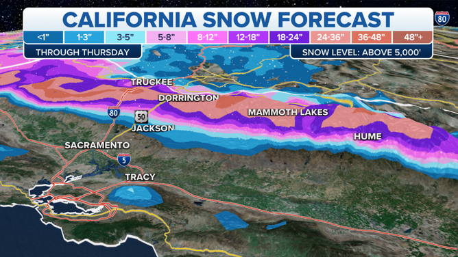 California snow forecast through Thursday.