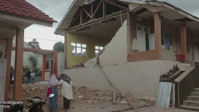 A collapsed wall is seen in Cianjur, indonesia, after a magnitude 5.6 earthquake.