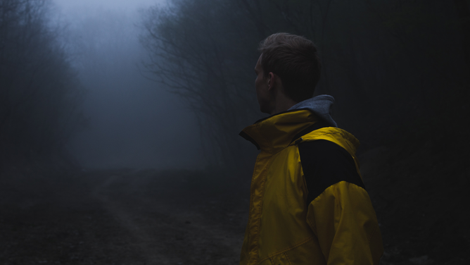 FILE - A man is seen standing in a foggy forest.