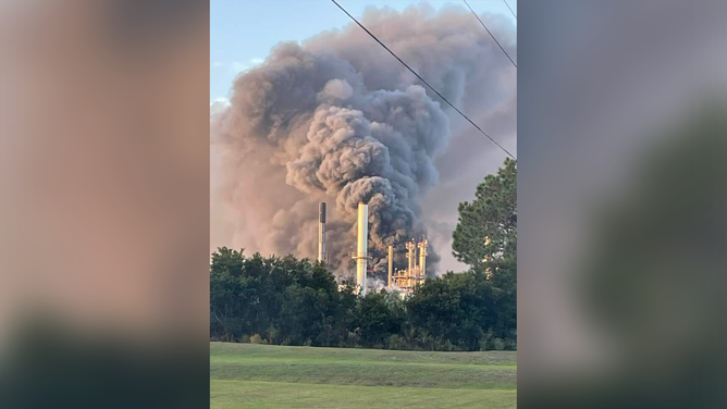 A photo showing smoke rising from the Symrise Chemical Plant in Glynn County, Georgia.