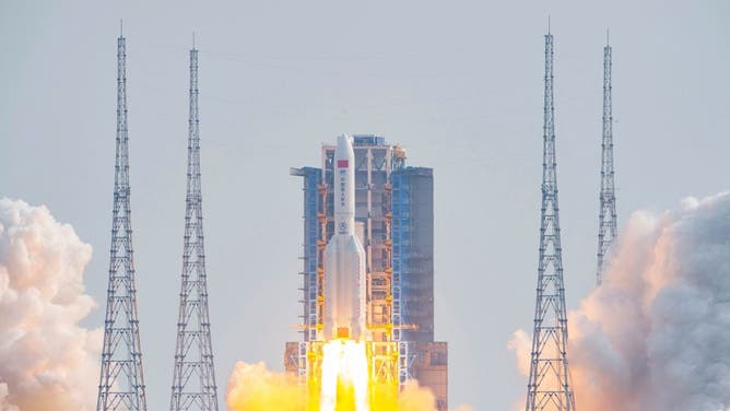A Long March 5B rocket, carrying China's Mengtian science module, the final module of Tiangong space station, lifts off from the Wenchang Space Launch Centre in southern China's Hainan Province on October 31, 2022.