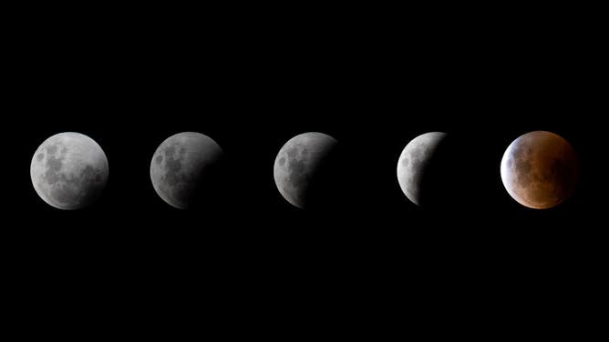 This combination of pictures shows the moon in various stages of the Blood Moon during a total lunar eclipse in Christchurch, New Zealand on November 08, 2022. On Tuesday evening people across Australia and New Zealand could see a total lunar eclipse.