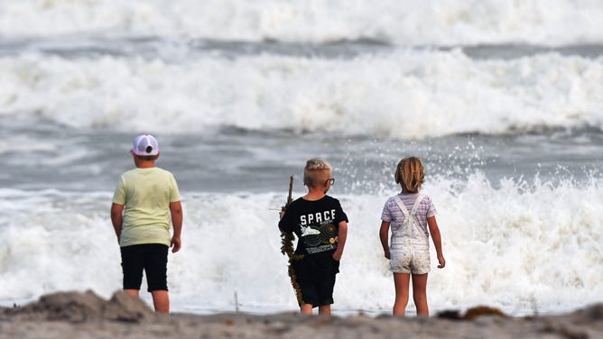Children stand before waves on a Florida beach.