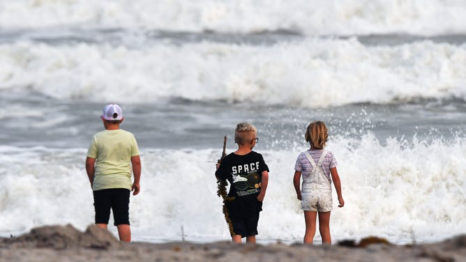Children stand before waves on a Florida beach.
