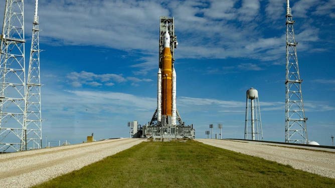 The Artemis I unmanned lunar rocket sits on launch pad 39B at NASA's Kennedy Space Center in Cape Canaveral, Florida, on November 13, 2022.