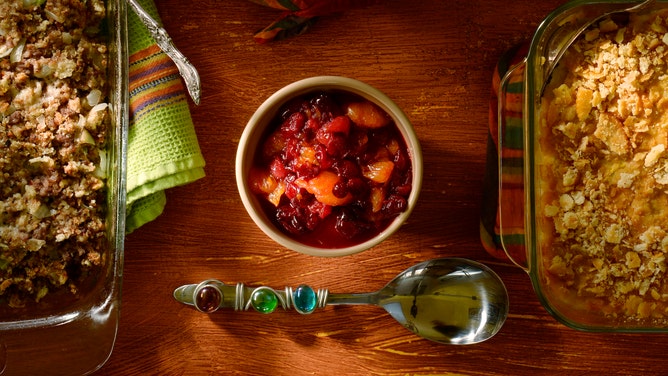 Cranberry sauce and other Thanksgiving side dishes.