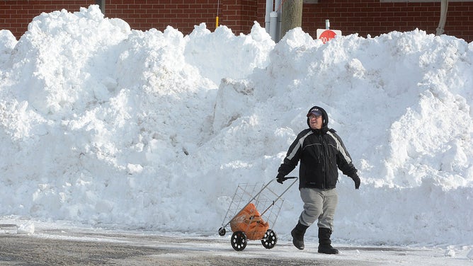 A resident passes near roadside snow on November 21, 2014 in Buffalo, New York as the death toll attributed to Buffalo snow rises to 13. A brutal blast of Arctic air triggered a lake-effect storm and snow in the states of New York, Ohio, Michigan, Wisconsin and Pennsylvania.