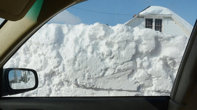 Roadside Snow view from a car on November 21, 2014 in Buffalo, New York after another lake-effect snowstorm swept through.