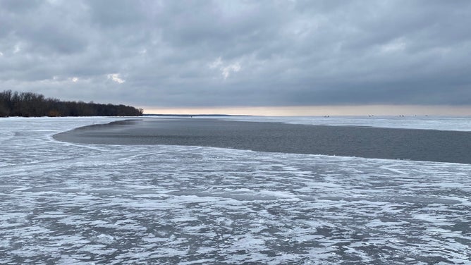 A frozen Upper Red Lake in Minnesota. Seen here is the gap between the frozen beach and ice chunk that broke off.