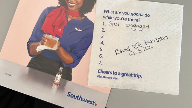 Ruff and Pierce saved the Southwest napkin from the flight, where they got engaged.