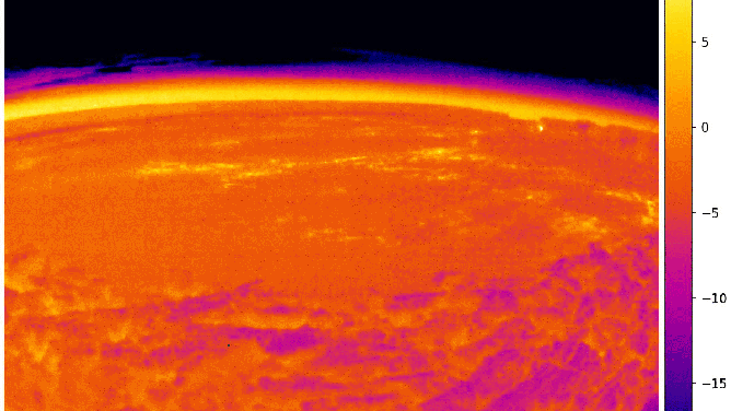 A series of images from a temporary thermal camera located on the north rim of Mauna Loa's summit caldera. The temperature scale is in degrees Celsius up to a maximum of 500 degrees (932 degrees Fahrenheit).