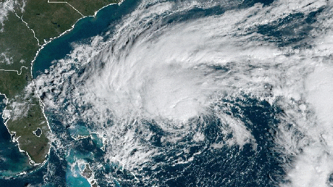 A satellite image showing Tropical Storm Nicole approaching Florida.