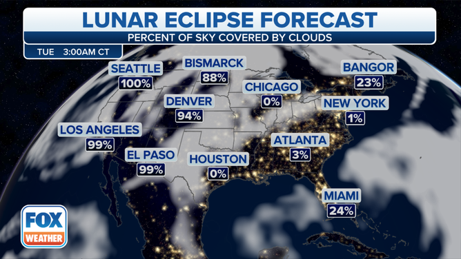 Night time cloud cover for the U.S. on Nov. 8, 2022 during the total lunar eclipse.