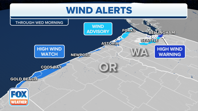 Wind Alerts are in effect through Wednesday morning for parts of the Pacific Northwest, including Seattle.