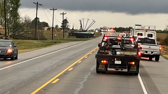 Severe storms knocked over power poles in Paris, Texas where a tornado was spotted on the ground on Nov. 4, 2022. 