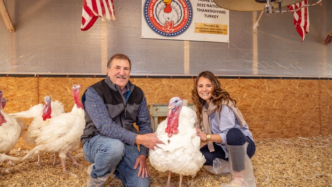 National Turkey Federation chairman Ronnie Parker with turkeys Chocolate and Chip.