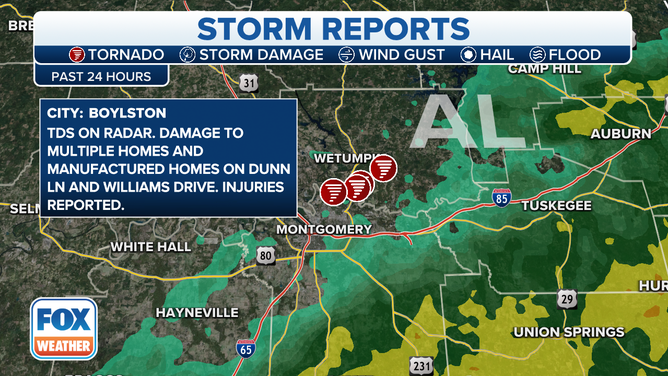 A map showing some of the storm reports in the Montgomery, Alabama area over the past 24 hours.
