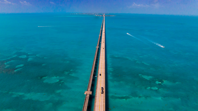 FILE - Aerial view of US Route 1 Overseas Highway to Key West, Florida.