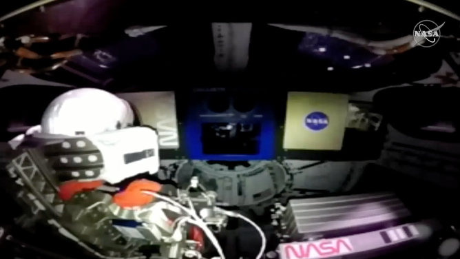 NASA's manikin named Campos seen inside the Orion spacecraft wearing the same suit NASA astronauts will wear on the journey to the moon. Orion launched on the SLS rocket at 1:47 a.m. on Nov. 16, 2022.