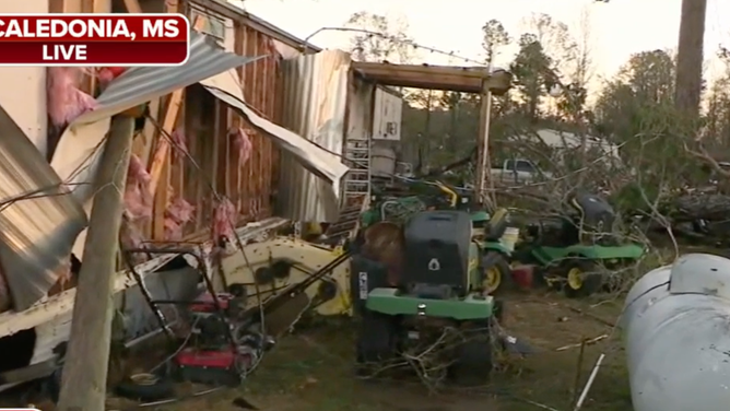 Tornado damage in Caledonia, Mississippi to a mobile home where at least two tornadoes touched down on Nov. 30, 2022.
