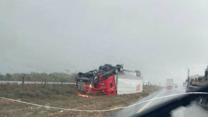 A tractor trailer flipped over near Sherman, Texas on Nov. 4, 2022. (Image credit: @GunnzLancon/Twitter)