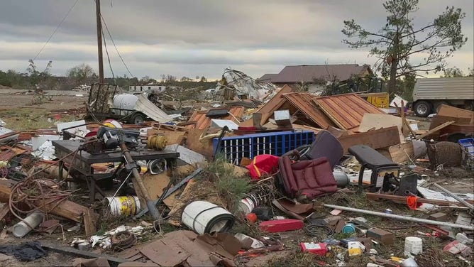 Debris litters the landscape in New Boston, Texas, after a powerful tornado ripped through the region on Friday, November 4, 2022.