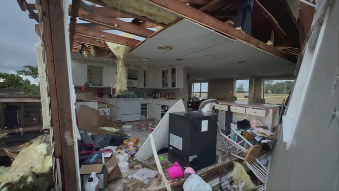 Major damage is seen in a home in New Boston, Texas, after a tornado on Friday, November 4, 2022.