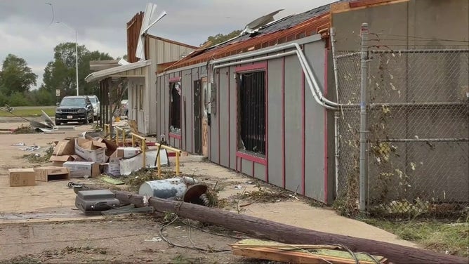 A home suffers severe damage after a tornado in New Boston, Texas, on Friday, November 4, 2022.
