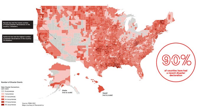 Disasters mapped by county in Atlas of Disaster report