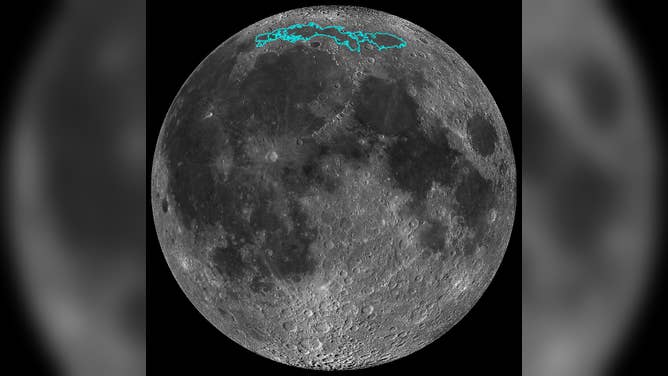 The moon region called Mare Frigoris is outlined in this image in teal.