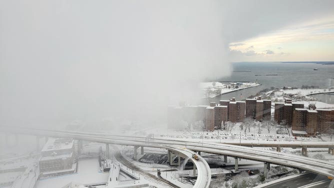 A snow squall produced by a lake-effect snowstorm in Buffalo, New York on Nov. 18, 2022.