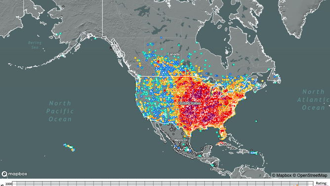 Tornado distribution map for North America