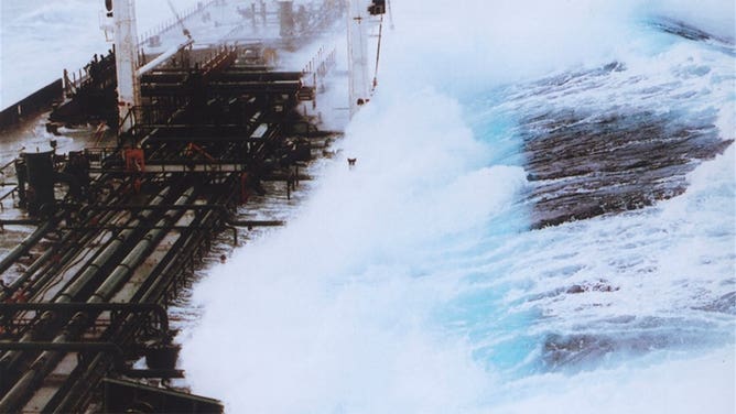 Rogue wave sequence showing 60-foot plus wave hitting tanker headed south from Valdez, Alaska, in 1993.