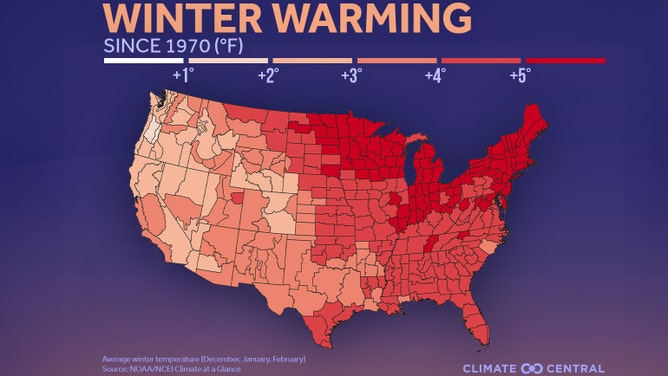 Map showing the degree of winter warming