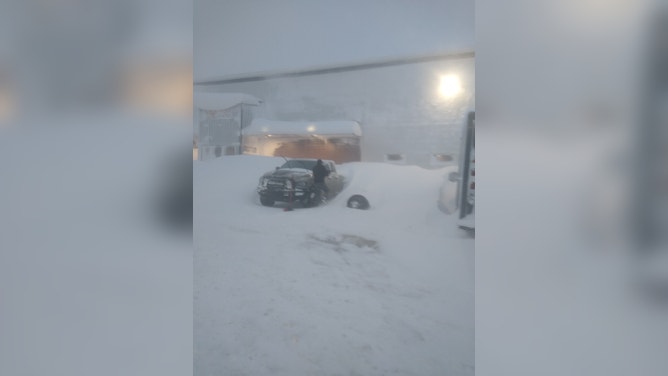 Semi trucks were buried during a blizzard in South Dakota forcing their drivers to stay at a fuel stop for days. (Image credit: TIM PLETTEN)