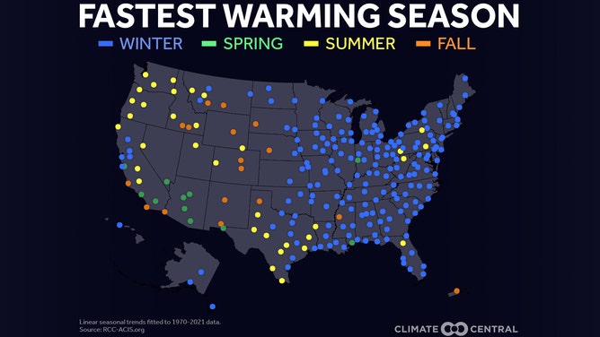 Map showing which season is warming the fastest