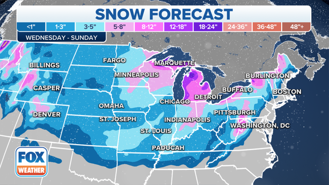 A map showing projected snow totals from a major winter storm.