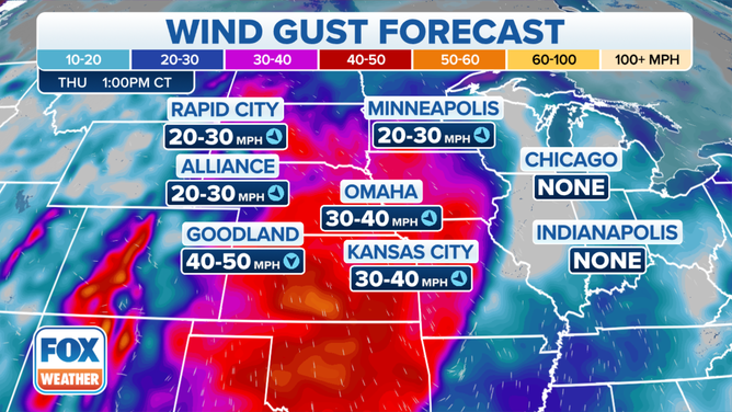 Wind gust forecast in the Plains and Midwest.Wind gust forecast in the Plains and Midwest.