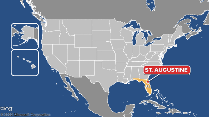 Map of U.S., pinpointing the location of St. Augustine, Florida.