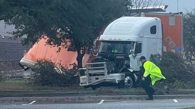 A semi-truck was tossed during a tornado in Grapevine, Texas, on Dec. 13, 2022.