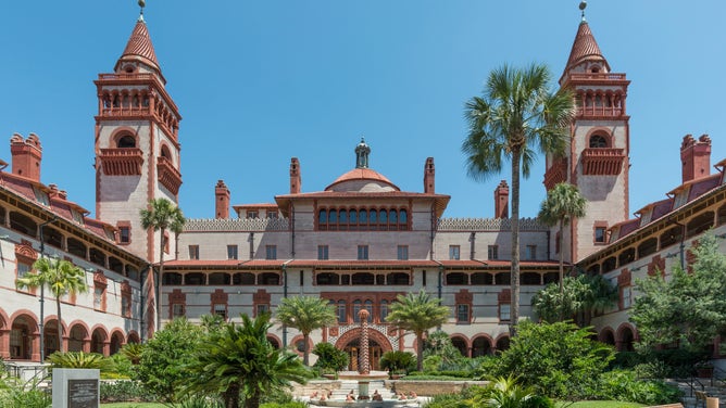 A south view of the courtyard of the Ponce de Leon building, now part of Flagler College, St. Augustine, Florida.
