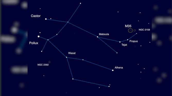 A map of the Gemini constellation. Gemini’s most prominent stars are Castor and Pollux, which are often referred to as the 
