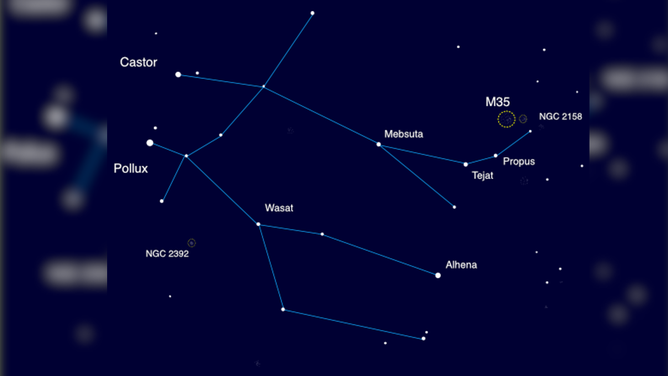 A map of the Gemini constellation. Gemini’s most prominent stars are Castor and Pollux, which are often referred to as the