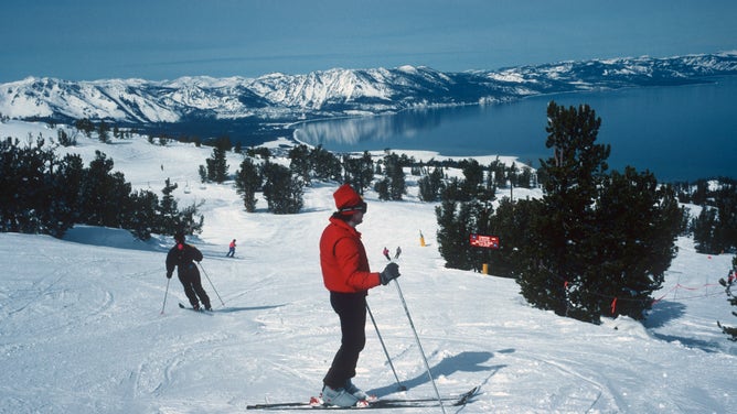 Snow-capped mountains surrounding Lake Tahoe.