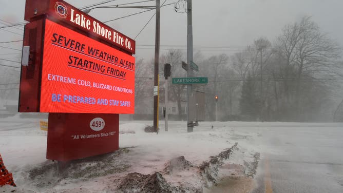 Snow and ice cover the roads along the Lake Erie Shoreline on December 23, 2022 in Hamburg, New York.