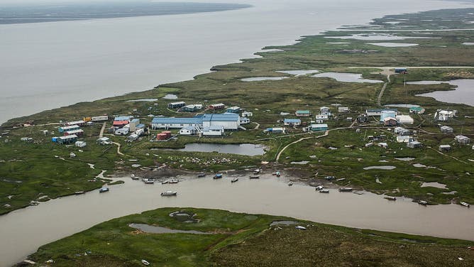 The village of Newtok is seen from a plane on June 29, 2015 in Newtok, Alaska.