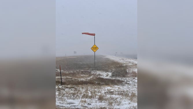 Low visibility and high winds on I-70 at the Colorado-Kansas state line on Dec. 13, 2022.