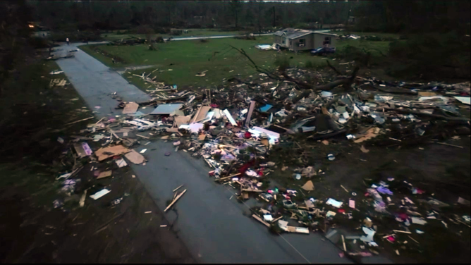 Drone video shows the scope of damage after a tornado in Louisiana on Tuesday evening.